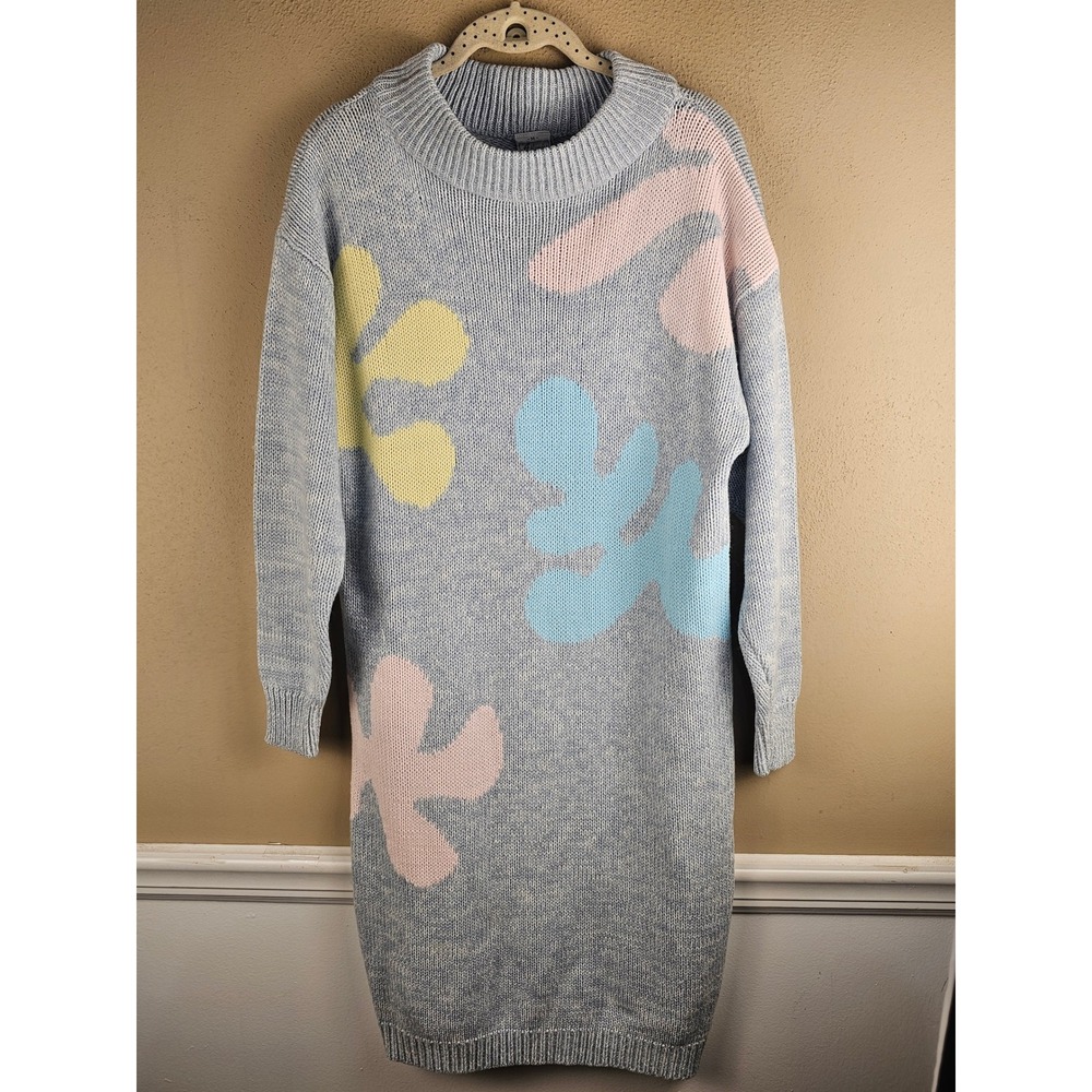 Vintage Ariana Womens Gray Flower Sweater Dress Medium